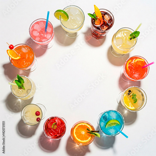 Variety of cocktails in a circle on a white background, top view