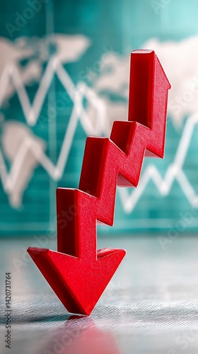 Red downward trend arrow on a surface with charts