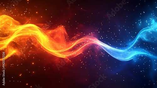 An abstract digital network background with glowing light and connecting data dots in blue, orange, and red colors. 