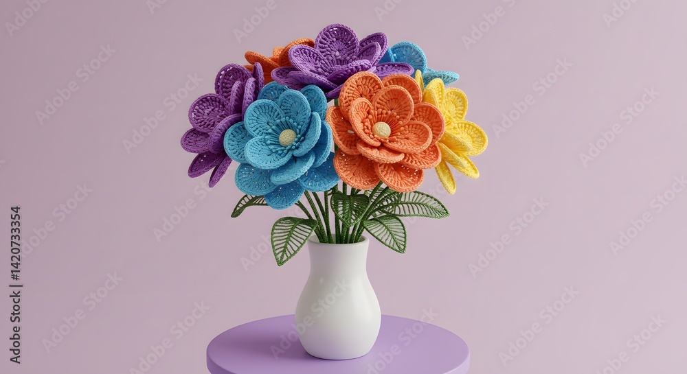 Fototapeta premium Vibrant Crochet Flower Bouquet in White Vase on Purple Table