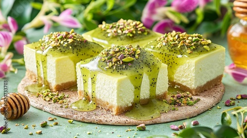 cheesecake slices with fresh kiwi sauce cascading around them, garnished with crushed pistachios and honey, against a vibrant botanical garden backdrop