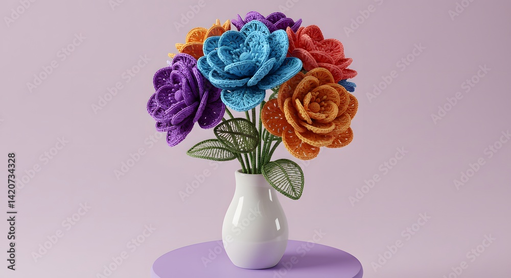 Obraz premium Vibrant Knitted Flowers in a White Vase