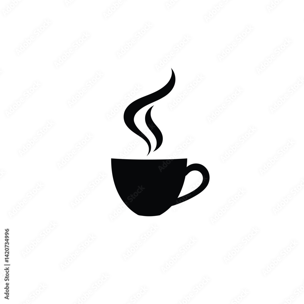 Obraz premium Geometric logo design a black silhouette coffee cup with steam, isolated against a white background. 