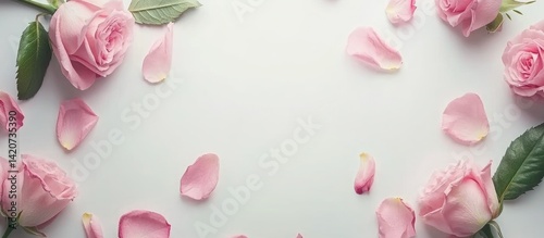 Delicate pink roses and petals arranged on a clean white background banner