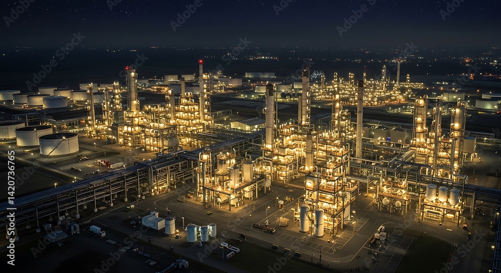 Naklejka premium Night View of Illuminated Petrochemical Refinery Complex