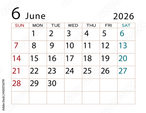 2026年カレンダー　6月(2)