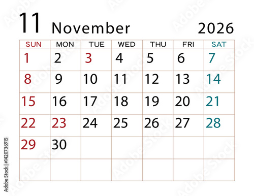 2026年カレンダー　11月(2)