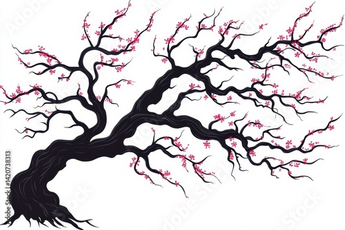 Elegant blossom tree illustration.  Mature, dark-hued trunk and branches, adorned with delicate pink blossoms