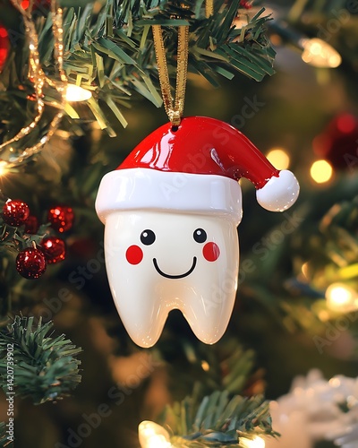 White tooth ornament wearing a Santa hat, hanging on a decorated Christmas tree with festive lights in the background.