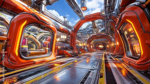 Fototapeta Naklejka Na Ścianę i Meble -  deep space station floating between Saturns rings, glowing windows