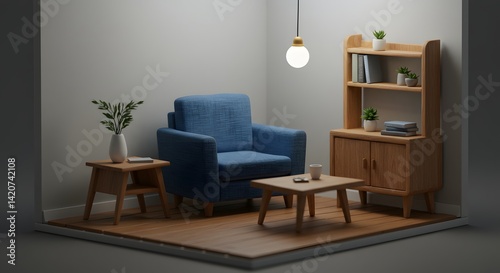 A cozy corner with a blue armchair and wooden furniture pieces
