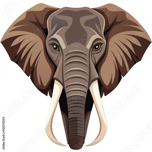 A magnificent African elephant with large tusks faces forward against a white backdrop.
