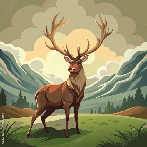 A magnificent stag with impressive antlers stands alert in a grassy field under an overcast sky.

