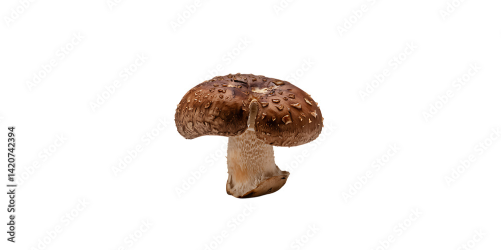 Shitake mushroom with textured cap and stem displayed on a plain background, png