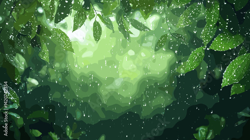 緑の森に降る優しい雨としずく