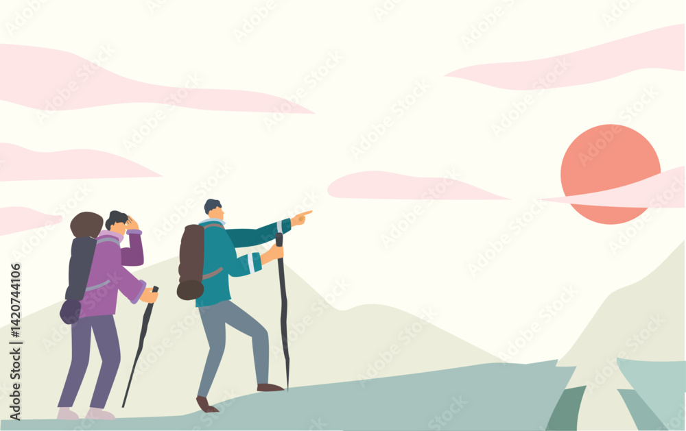 Obraz premium hiking paid off to see sunset. hiker to the top of mountains and saw beautiful sunset concept. vector illustration