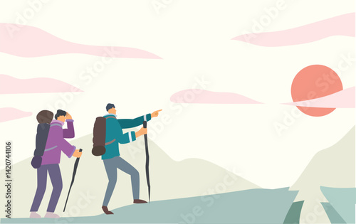 hiking paid off to see sunset. hiker to the top of mountains and saw beautiful sunset concept. vector illustration