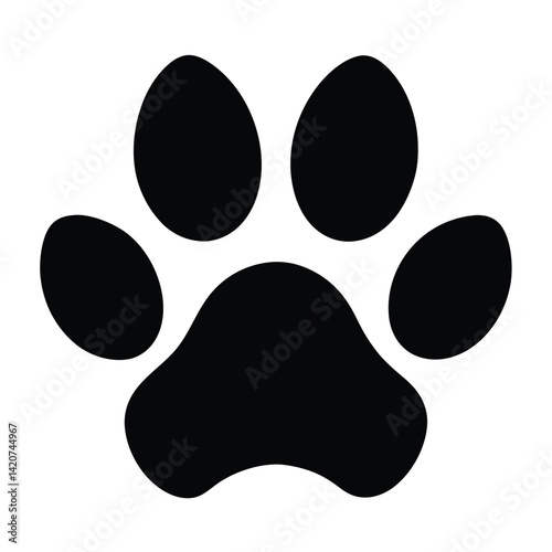 A solitary black paw print is centered on a stark white background.
