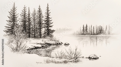 Winter forest lake scene