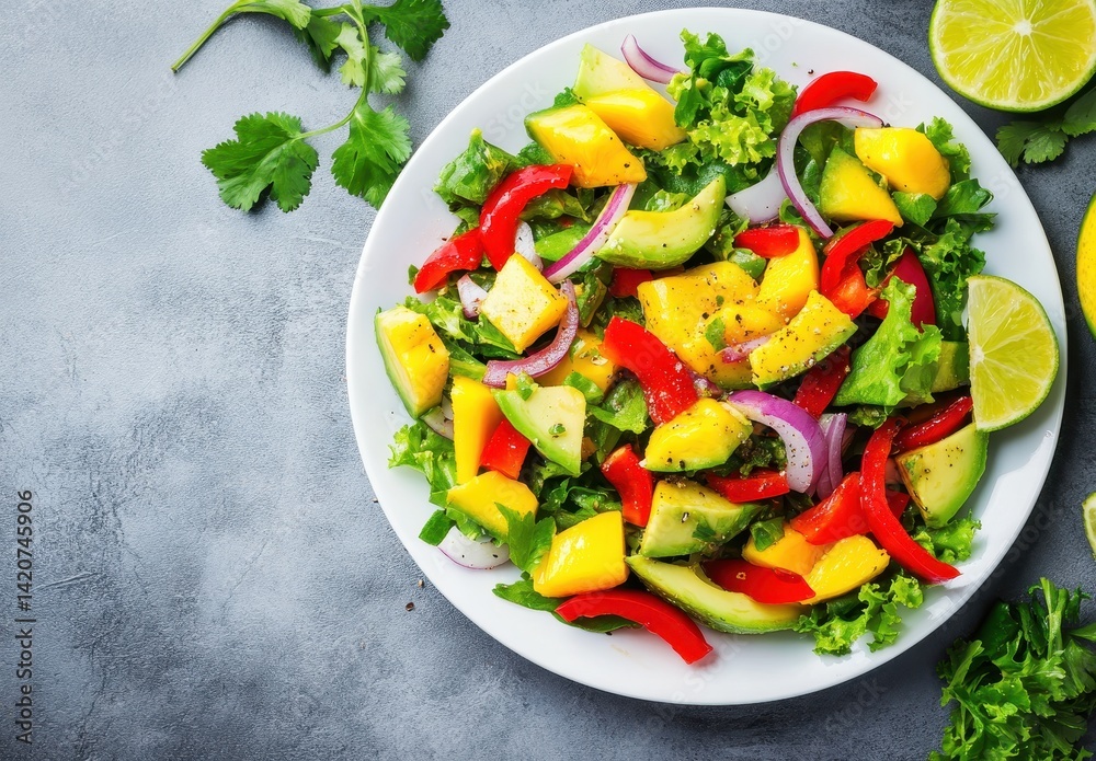 Fresh Healthy Salad with Mango, Cucumber, Red Pepper and Lime on Gray Background Perfect for Summer Meals and Culinary Inspirations Fresh Healthy Salad with Mango, Cucumber, Red Pepper and Lime on Gray Background Perfect for Summer Meals and Culinary Inspirations