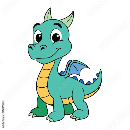 Adorable cartoon dragon with a big smile, chubby cheeks, and bright eyes. Its tiny wings, playful pose, and cheerful vibe make it irresistibly happy and cute!