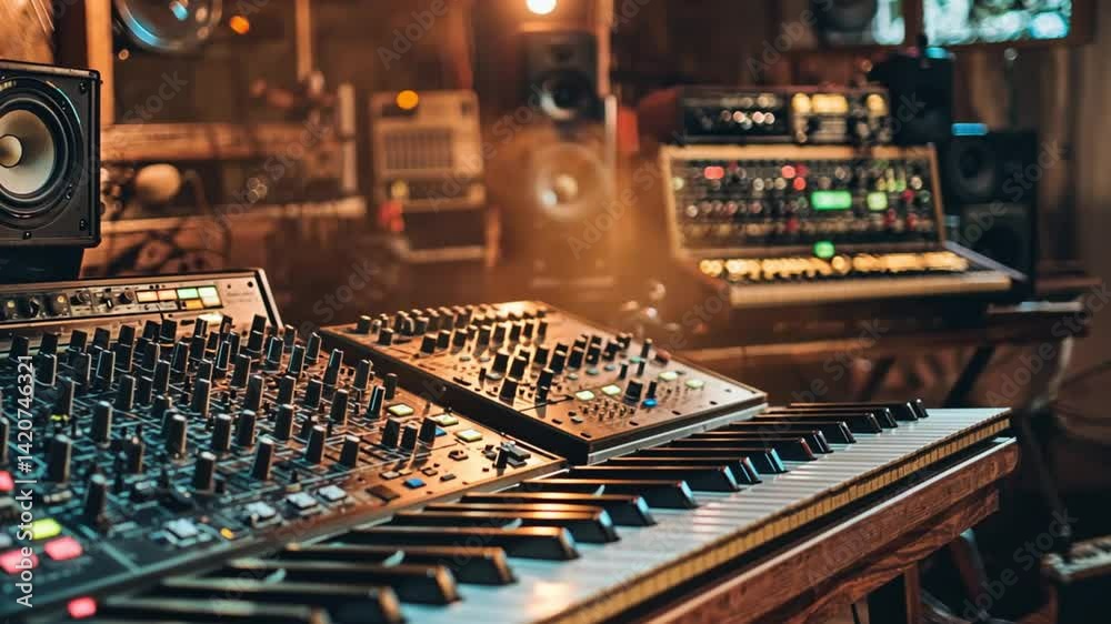 Electronic keyboard rests near consoles inside music studio setup Electronic keyboard rests near consoles inside music studio setup