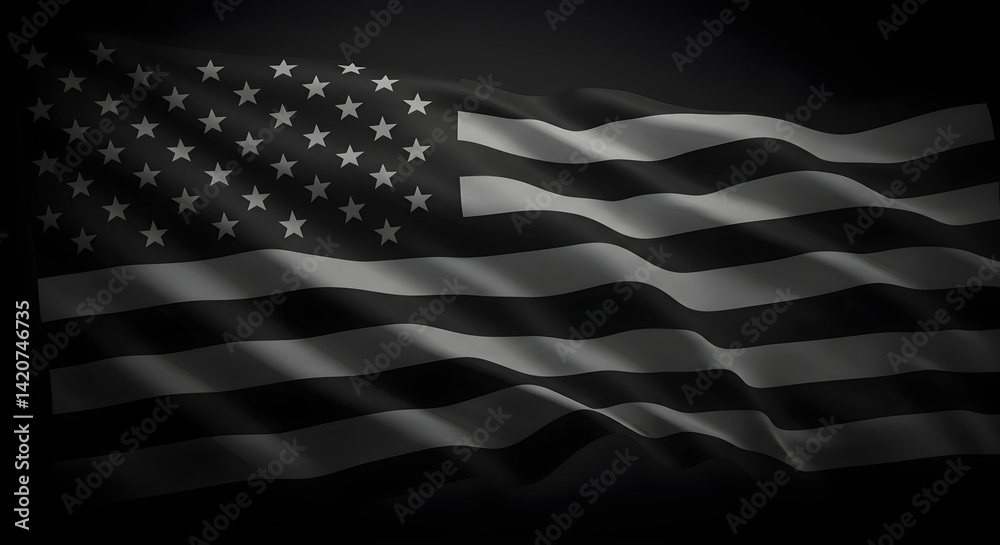 Obraz premium American flag with a wavy effect, rendered in black and dark gray tones