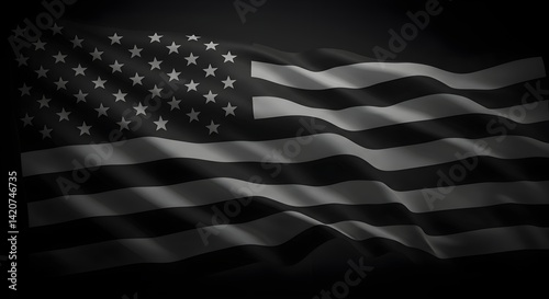 American flag with a wavy effect, rendered in black and dark gray tones photo