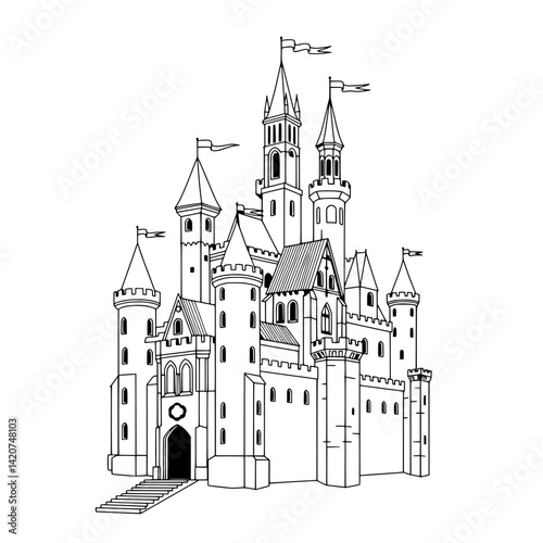 Enchanted Castle Illustration: A whimsical black and white illustration of a grand, majestic castle with multiple towers, intricate details, and flowing banners, promising adventure and dreams. 