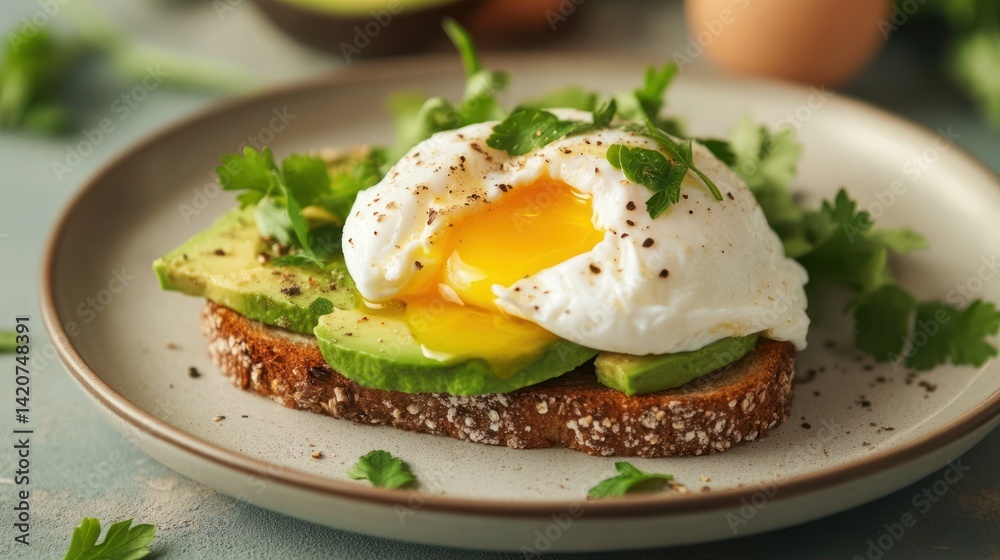 Aesthetic shot showcasing avocado toast topped with a poached egg and herbs Aesthetic shot showcasing avocado toast topped with a poached egg and herbs