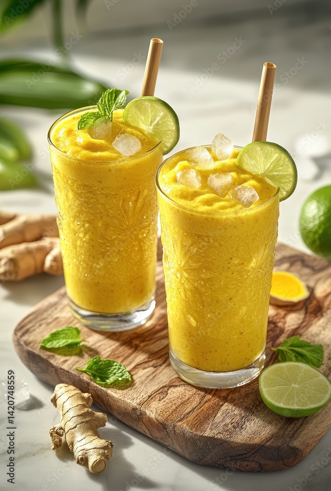 Fototapeta premium Fresh Mango Smoothie with Ginger and Mint Garnish in Elegant Glasses on Rustic Wooden Board Surrounded by Limes and Ginger Root