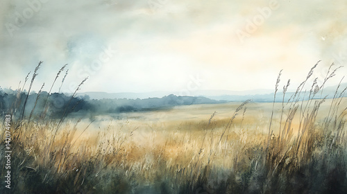 A painting of a field with tall grass and a cloudy sky