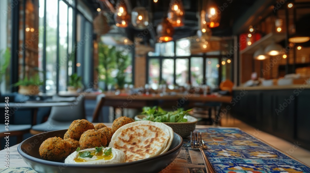 Authentic middle eastern cuisine falafel and pita bread in charming restaurant Authentic middle eastern cuisine falafel and pita bread in charming restaurant
