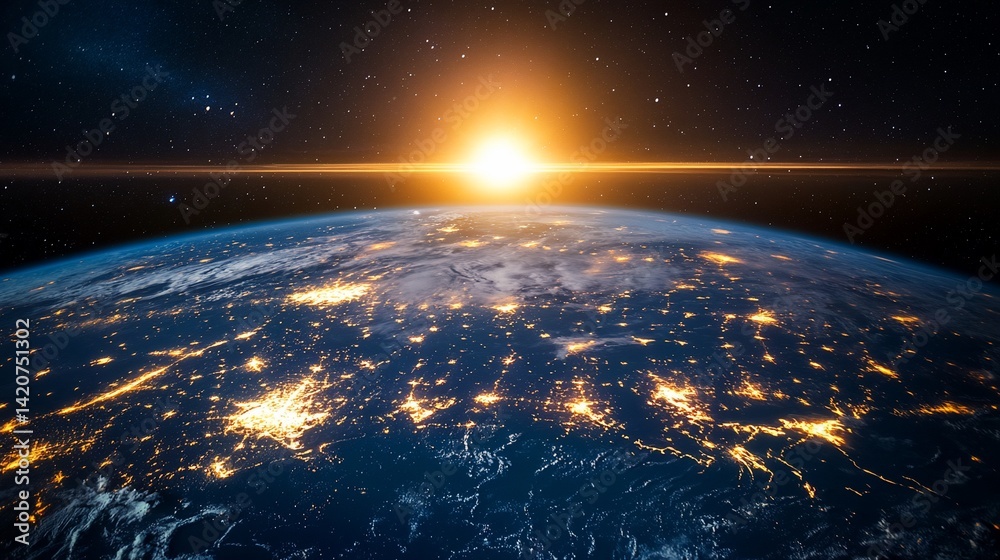 Obraz premium Stunning sunrise over Earth view from space with city lights and bright stars