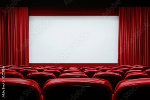 Empty movie theater.  Red seats and curtains, large blank screen