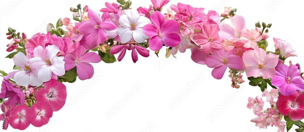 Fototapeta premium A Blooming Floral Archway of Pink and White Petals Displayed on White Background