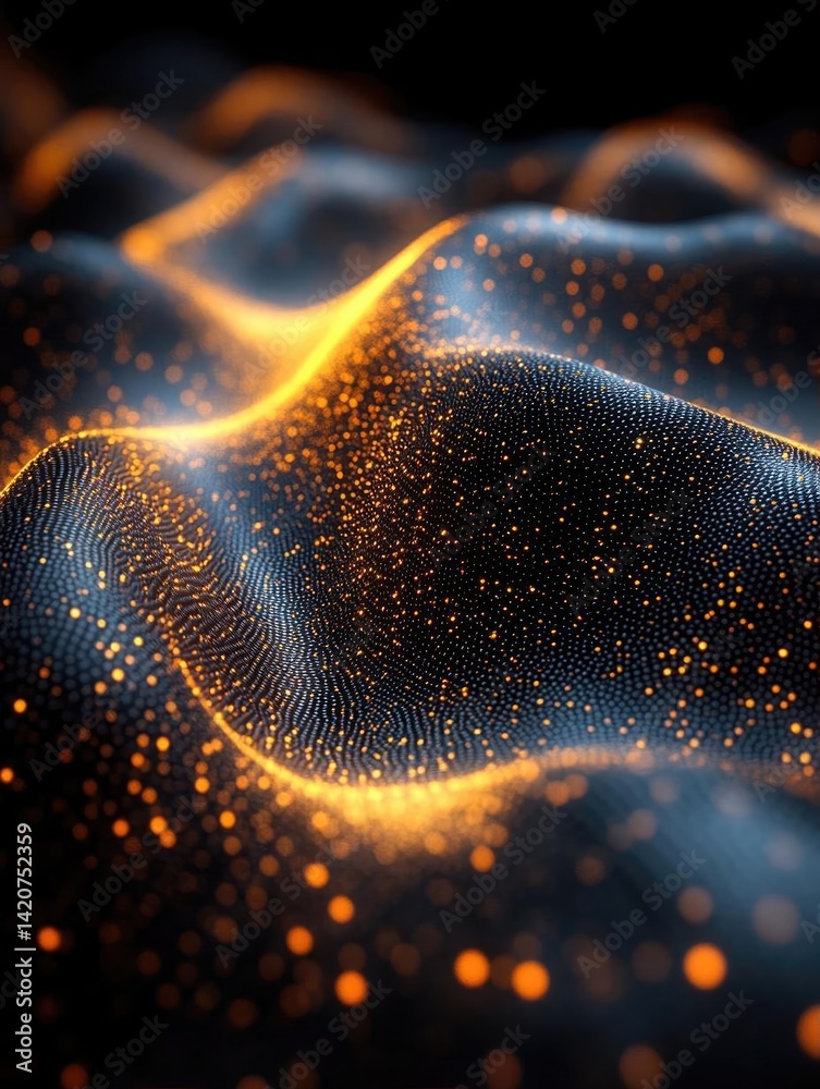 Abstract representation of flowing waves with glowing particles on a dark background Abstract representation of flowing waves with glowing particles on a dark background