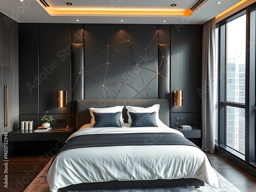 hotel apartment bedroom dark grey theme abstract sleek modern simple luxury