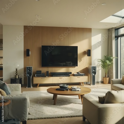 wooden living room theme large tv home audio system