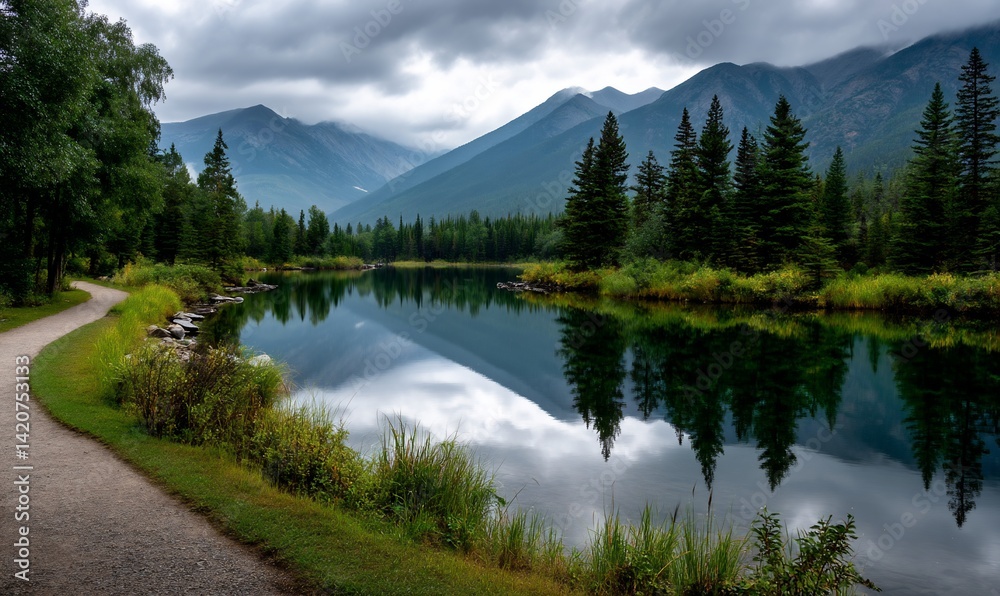 Serene mountain river scene with reflections Serene mountain river scene with reflections