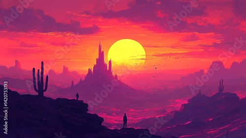Fantasy Landscape with Majestic Castle Silhouette against a Fiery Sunset