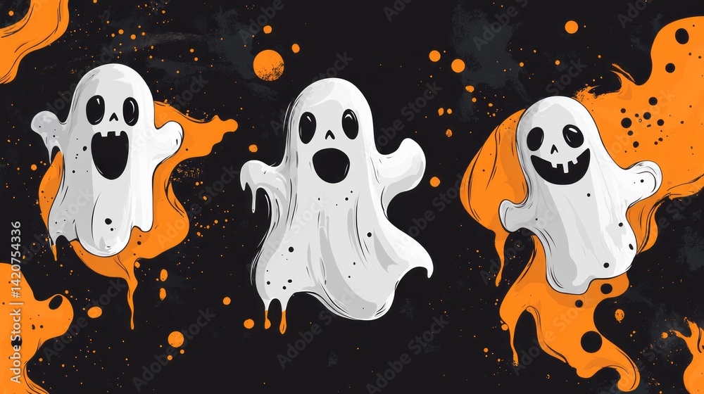 Obraz premium Three spooky ghosts float on a dark halloween background