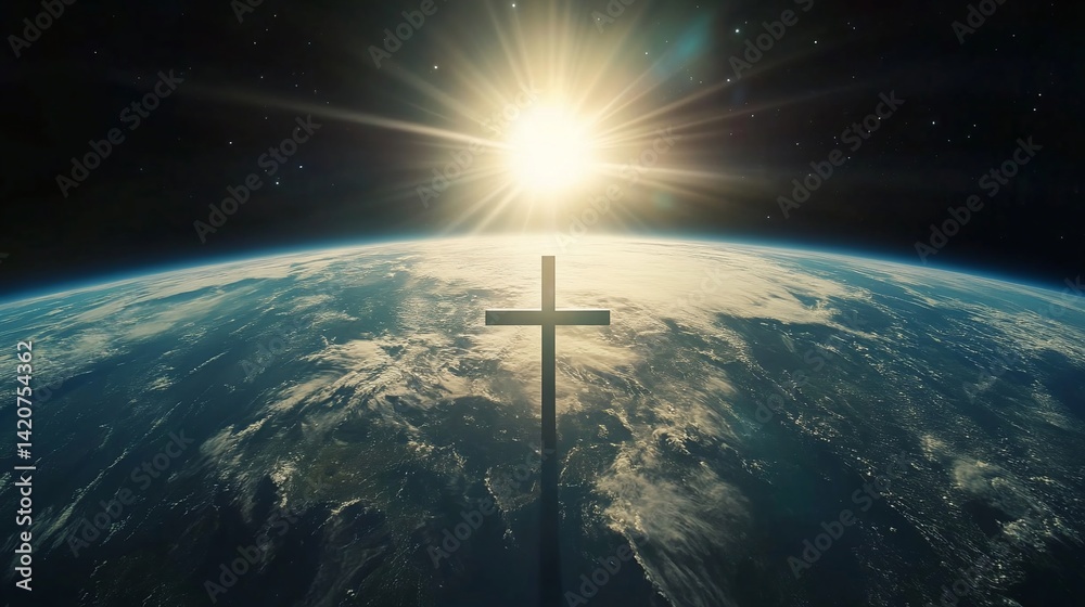 Silhouette of a cross over Earth with sun rising. Silhouette of a cross over Earth with sun rising.