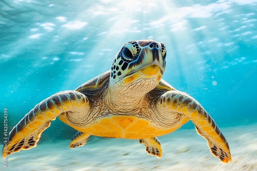 Fototapeta premium A sea turtle swimming in the blue sea in the sun