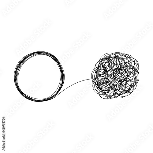 Tangle and unraveling thread of thoughts drawn in one continuous line. Concept of psychotherapy, mental health, problem solving. Vector illustration