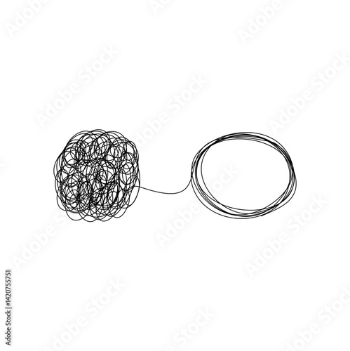 Tangle and unraveling thread of thoughts drawn in one continuous line. Concept of psychotherapy, mental health, problem solving. Vector illustration