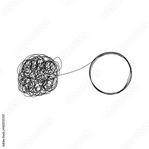 Tangle and unraveling thread of thoughts drawn in one continuous line. Concept of psychotherapy, mental health, problem solving. Vector illustration