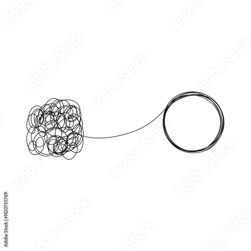 Tangle and unraveling thread of thoughts drawn in one continuous line. Concept of psychotherapy, mental health, problem solving. Vector illustration