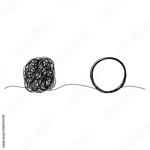 Tangle and unraveling thread of thoughts drawn in one continuous line. Concept of psychotherapy, mental health, problem solving. Vector illustration