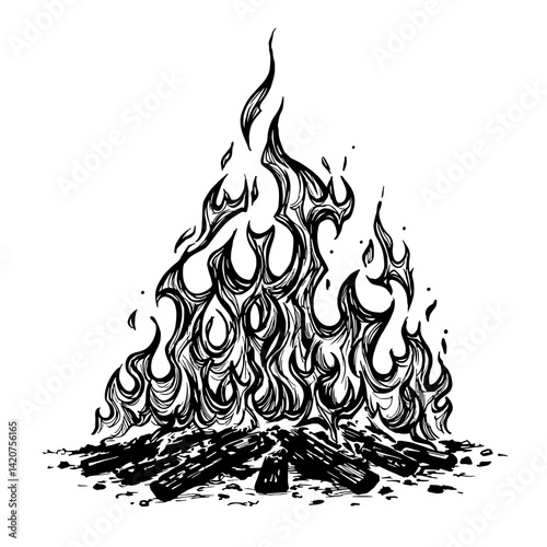 Campfire Flames: A captivating illustration of a roaring campfire, with detailed flames dancing above stacked wood, creating a cozy and evocative scene of warmth and adventure.